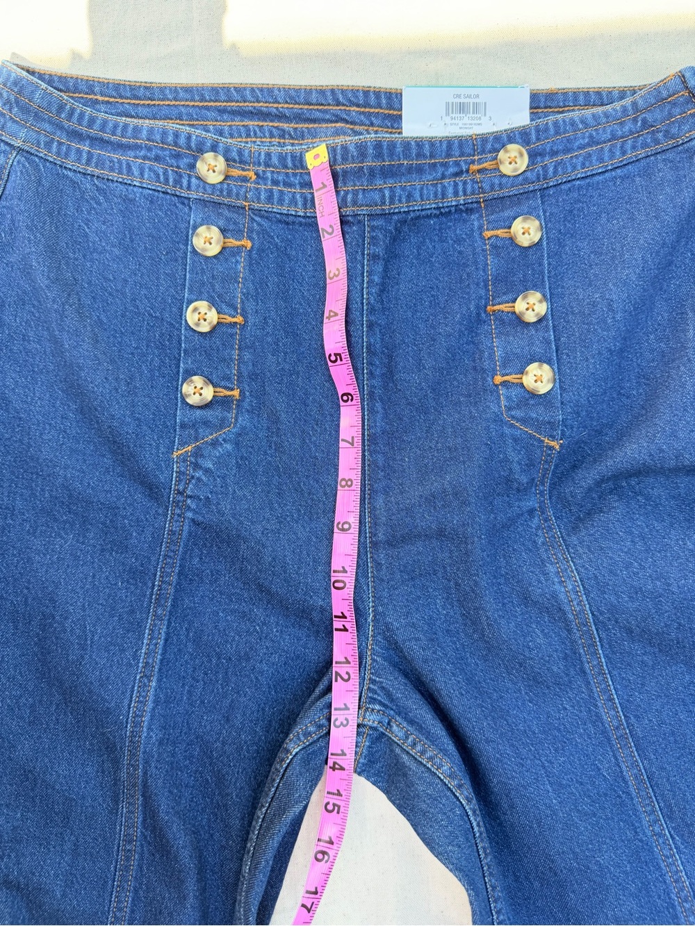 High-Waist Dark Blue Denim Women’s sailor wide leg jeans with Button Detail - Picture 2 of 8